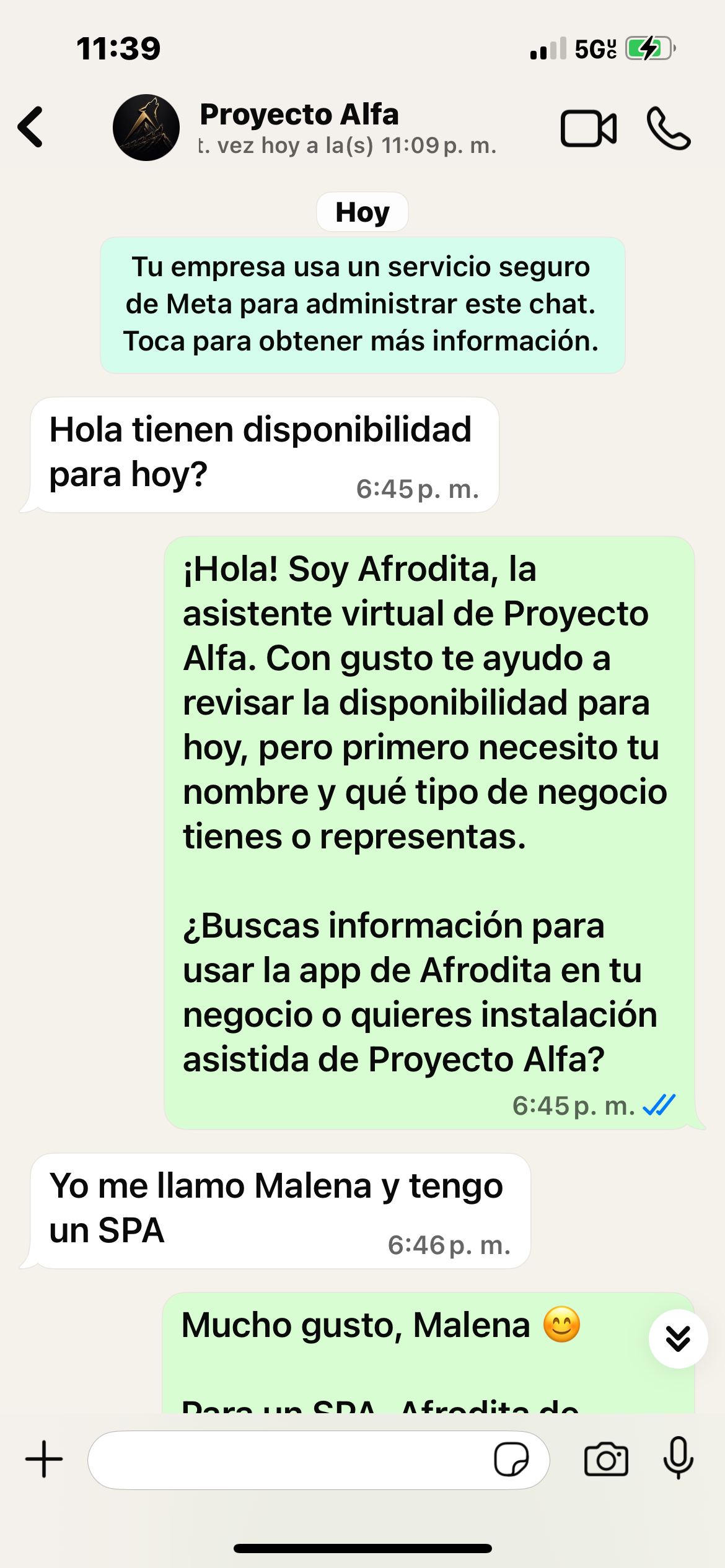 Conversación real de WhatsApp con Afrodita — captura 1